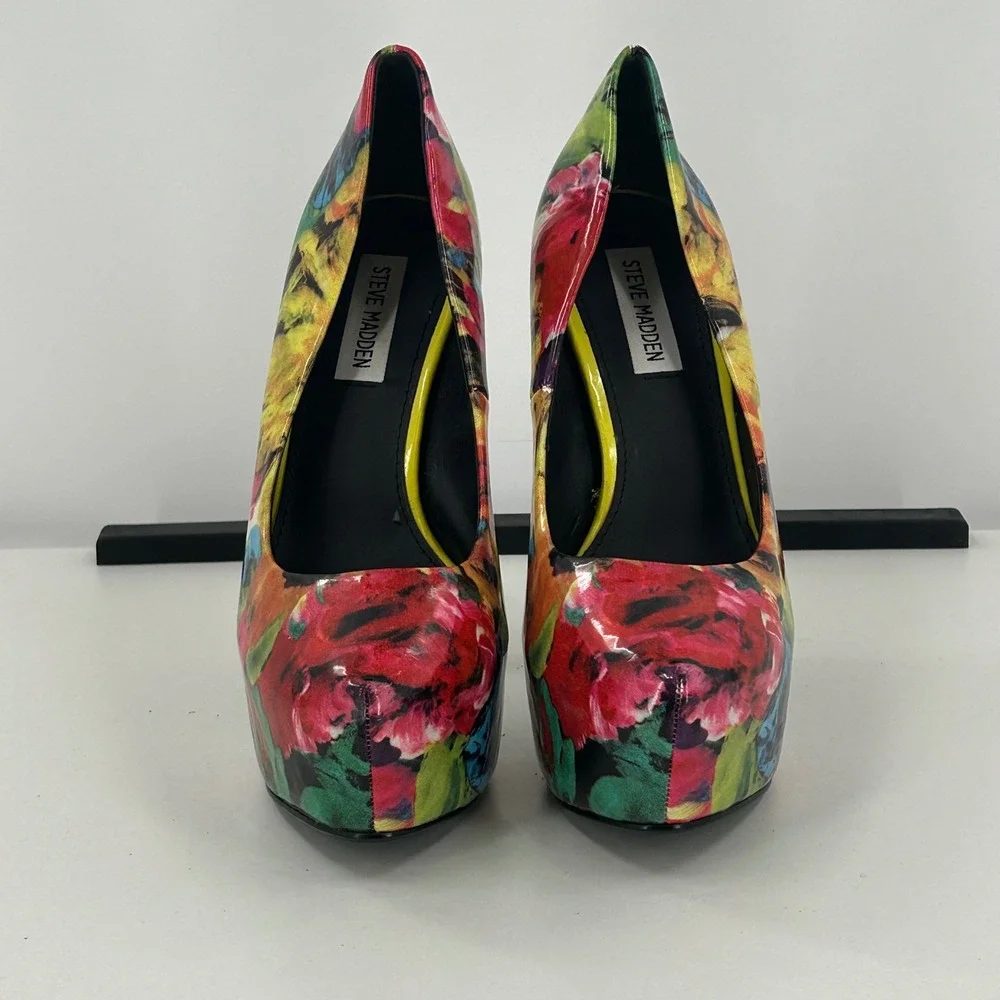 Steve Madden Dejavu Floral Platform Pumps Multi Color Patent Stiletto Heels 8M